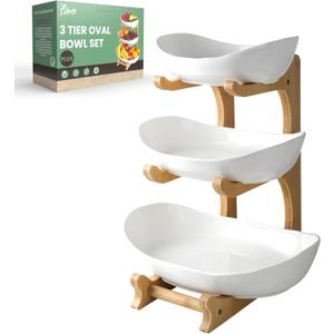 Seven Sparta 3 Tier Fruit Bowl for Kitchen Counter (PLUS Series) / Ceramic Serving Bowls with Bamboo Stand/Big Size Tiered Fruit Basket for Fruit Vegetable Storage, Dessert, Salad Buffet Server