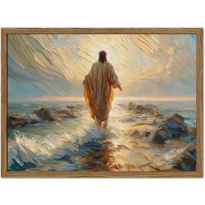 Jesus Walking on Water Wall Art, Christian Inspirational Wall Decor, Religious Bible Canvas Prints Miracle Faith Aesthetic Artwork Picture for Living Prayer Room Bedroom 12x16 inch Wood Framed