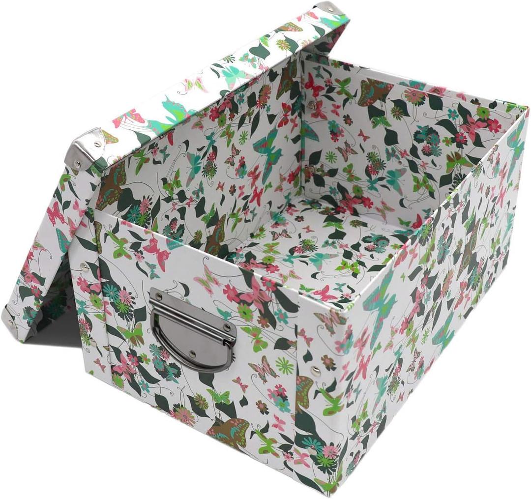 GUOZI Collapsible Storage Box, Decorative Memory Box with Lid & Metal Reinforced Corners, Cardboard File Bin with Handles, Organizer Gift Box for Keepsake Toy Photos Office Nursery Wardrobe Bookshelf (35*25*17.5cm, Butterfly)