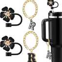 Straw Covers for Stanley Cup Accessories: Black Decorations for Stanley 30 oz & 40 oz Tumbler with Handle, Bling Letter Charms and Flower Silicone Straw Cap Topper, Trendy Stuff for Teen Girls & Women