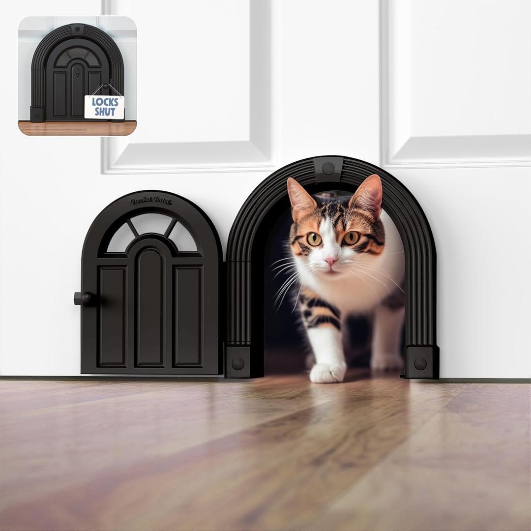Meow Manor Cat Door Interior Door - No-Flap, Interior Cat Door for Cats Up to 20 lbs, Easy DIY Setup, Secured Installation in Minutes, No Training Needed (Original, Black)