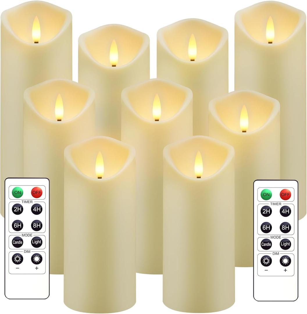 kakoya Flickering Flameless Candles, Battery Operated Acrylic LED Pillar Candles with Remote Control and Timer,Set of 9 (Ivory)