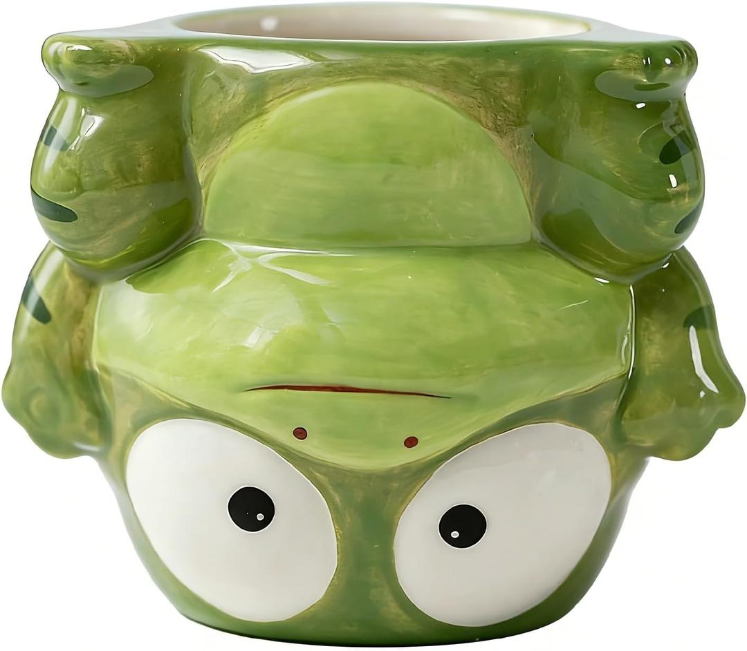 Small Succulent Pot with Drainage, 4 Inch, Indoor & Outdoor Animal Ceramic Planter, Funny Cartoon Frog Shaped Cactus Bonsai Container, Cute Flower Plant Pot for Home Office Desk and Garden Decor