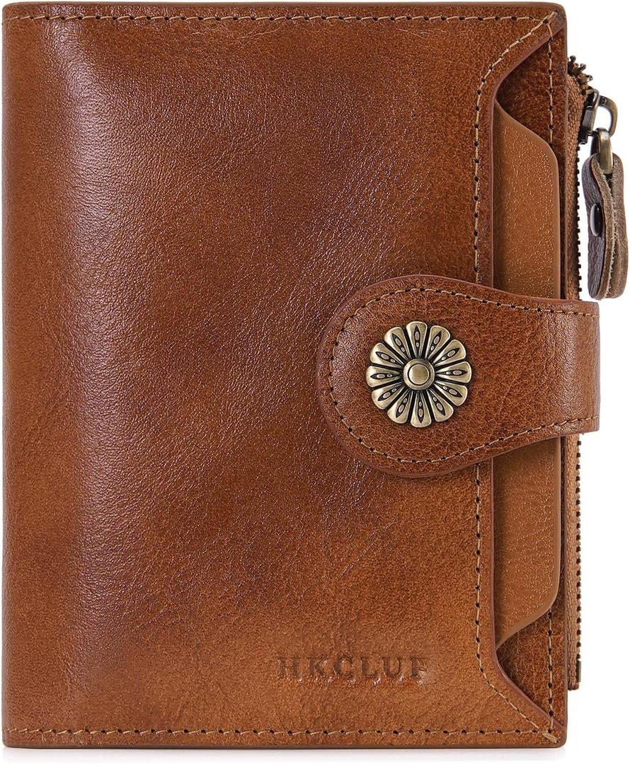 HKCLUF Wallet Women,Small Genuine Leather Bifold Wallet Womens,RFID Blocking Wallet for Women Card Holder Purse With Removable ID Window( Dark Brown)