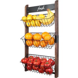 J JACKCUBE DESIGN 3 Tier Wall Mount Fruit Basket, Hanging Wire Fruit Vegetable Storage Organizer Rack for Kitchen with Chalkboard- MK657B