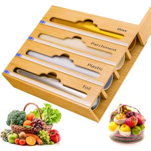 Bamboo Aluminum Foil Organizer & Plastic Wrap Dispenser with Cutter - 4 in 1 Parchment, Wax Paper & Saran Wrap Holder - Tin Foil Food Wrap Organizer for Kitchen Drawer, Countertop & Pantry - 11" Rolls