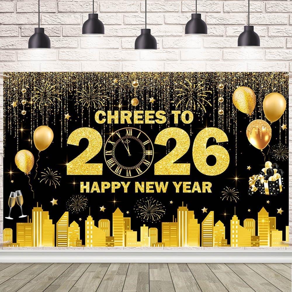 AIBIIN Gold Chrees to 2026 Happy New Year Backdrop New Year Banner 2026 Firework Champagne Nye Decorations Banner for Nye Party Supplies 70.8x43.3 inch (5.9x3.6ft)