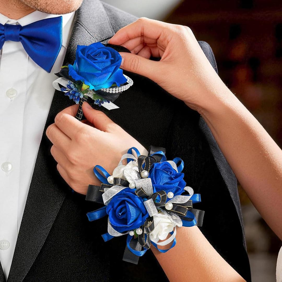 Prom Corsage and Boutonniere Set Blue,Artificial Silk Rose Wrist Corsage for Homecoming, Formal Dance Party, Wedding,Graduation,Anniversary