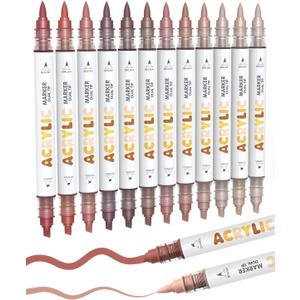 Guangna 12 Red Brown Dual Tip Acrylic Paint Markers, Brush Tip & Chisel Tip Acrylic Paint Pens for Pumpkin Paint, Rock, Wood, Glass, Paper, Coloring Book, Ceramic, Canvas, Water-Based Ink