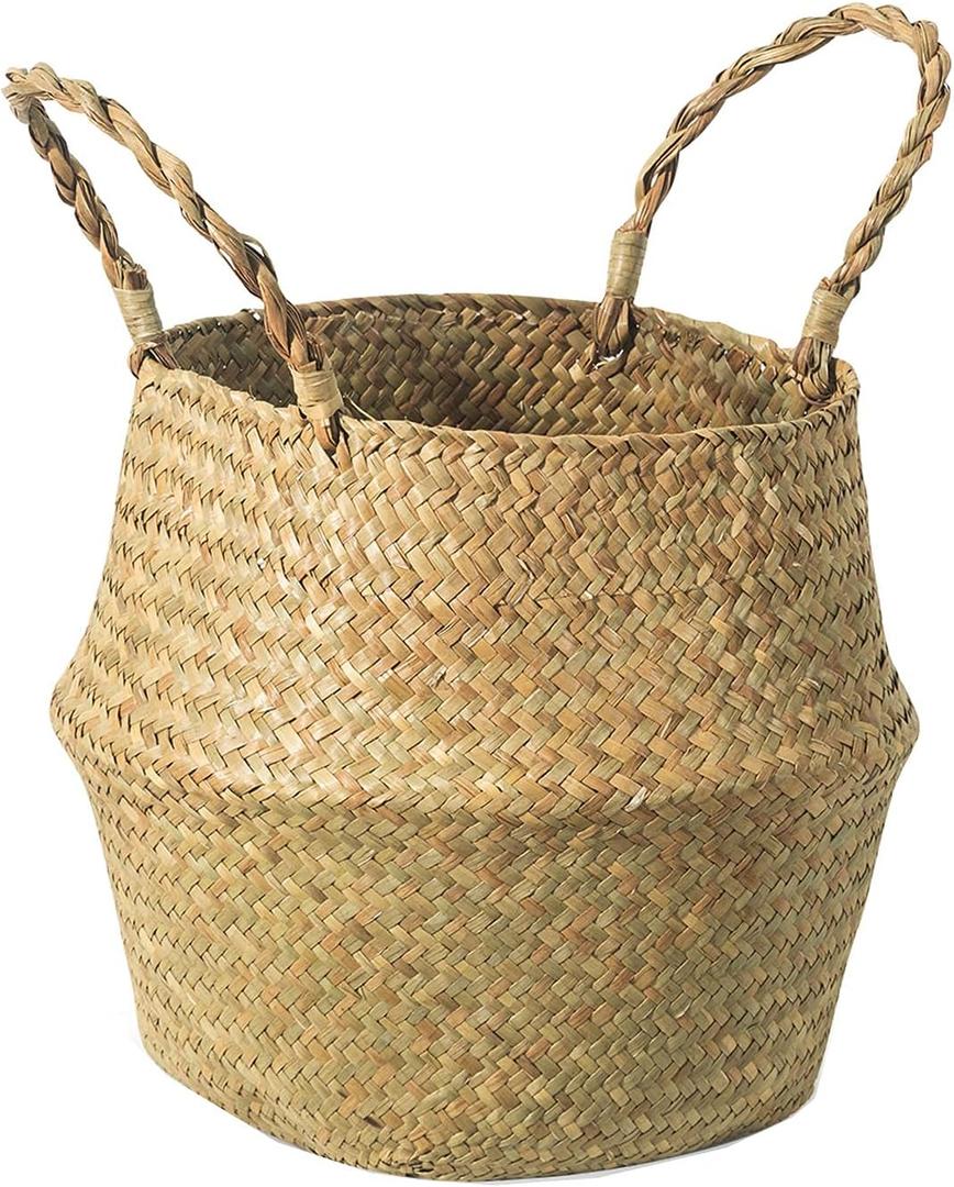 BrilliantJo Seagrass Belly Basket,  Woven Plant Pot Holder handmade Home Decor for Storage Plants Picnic Grocery Large(12.6 x 11.02 inch)
