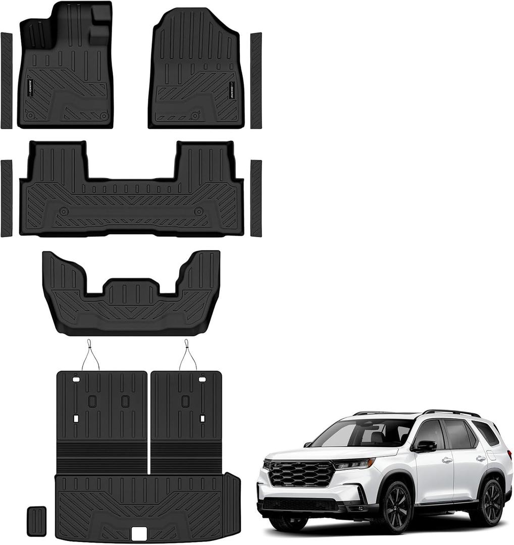 Auxko All Weather Floor Mats Cargo Mat with Backrest Mat for 2023-2025 Honda Pilot TPE Liners Accessories Guard Odorless Anti-Slip Floor Liners & Trunk Liner with Back Seat Protectors for Honda Pilot