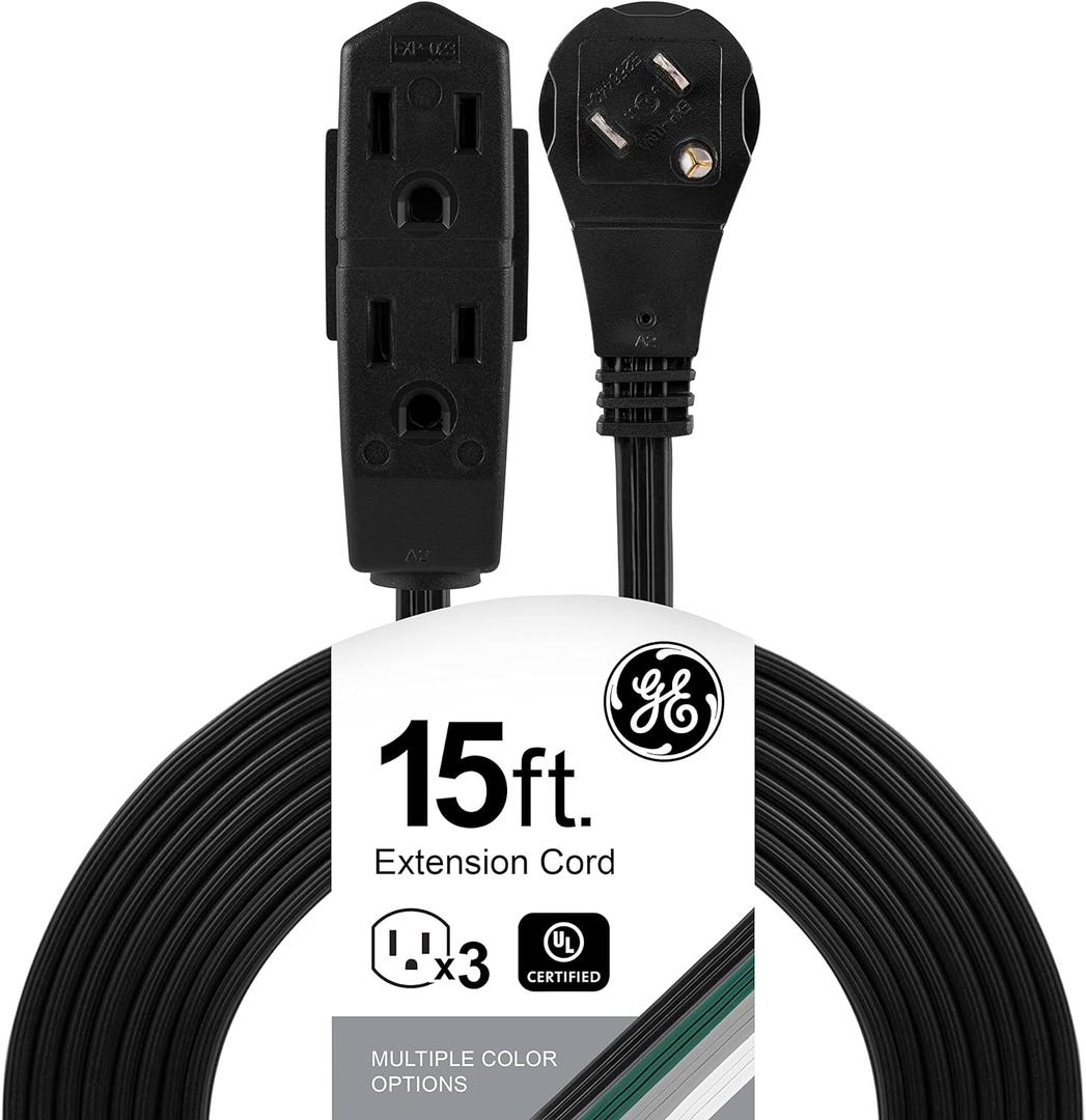 GE 3-Outlet Flat Extension Cord 15 Ft Grounded Extension Cord with Multiple Outlets 3 Prong Outlet Extender Flat Plug Indoor Power Strip 16 Gauge UL Listed Black, 56987
