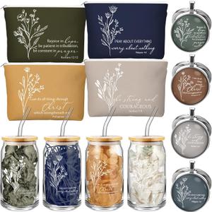 Fumete 4 Sets Christian Gifts for Women Church Gifts Set 16oz Bible Verse Glass Cup Religious Makeup Cosmetic Bags Prayer Tumbler Keychain for Study Group Sunday School God Teacher(Bright Morandi)