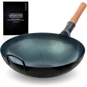 YOSUKATA Blue Round Bottom Woks and Stir Fry Pans 14in - Chinese Hammered Carbon Steel Pow Wok - Traditional Chinese Japanese Cookware (14", Blue)