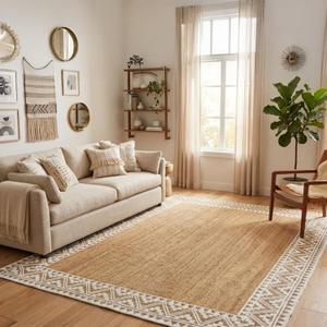 voyzz home 5X8 Feet-Rectangular, Premium Natural Jute Braided Area Rug, White Printed Border & Backing, Stain Resistance, Natural Brown, Handmade Rug for Living Room, Dining Room, Bedroom, Farmhouse