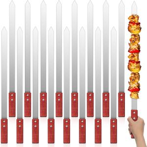 Zhehao 16 Pcs Heavy Duty Kabob Skewers 1 Inch Wide 2 mm Thin Kabob BBQ Stainless Steel Metal Skewers for Grilling with Wooden Handles, Silver(23 Inch Long)
