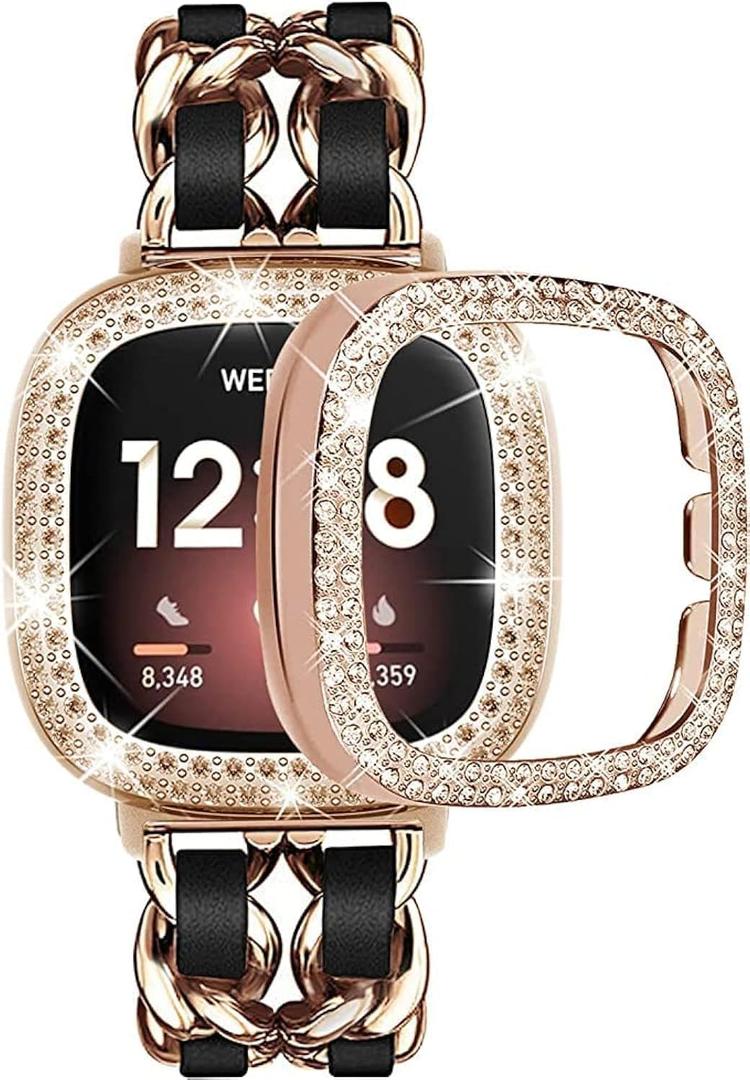 Stainless Steel Bands Compatible for Fitbit Versa 4/Fitbit Sense 2 Smartwatch With Bling Case Cover, Chic Leather Metal Wristband Accessories Strap for Women Bracelet (Rose Gold, Versa 3/Sense)
