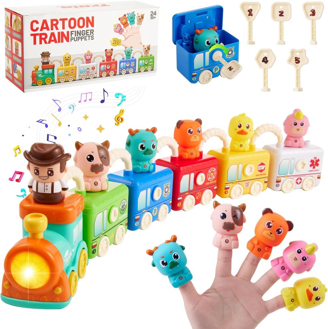 Montessori Toys Train Set for Toddlers 2-4 Year Old,Matching&Sorting Learning Toys Train Set with Music & Light Including 6 Finger Puppets,Keys,Christmas Birthday Gifts for Baby Girls Boys 2+