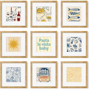 12x12 Picture Frame Set of 9, Photo Gallery Wall Frame Set, Display Pictures 8x8 with Mat or 12 x 12 Without Mat, Square Frame Picture Frames Collage Wall Decor, Natural Oak