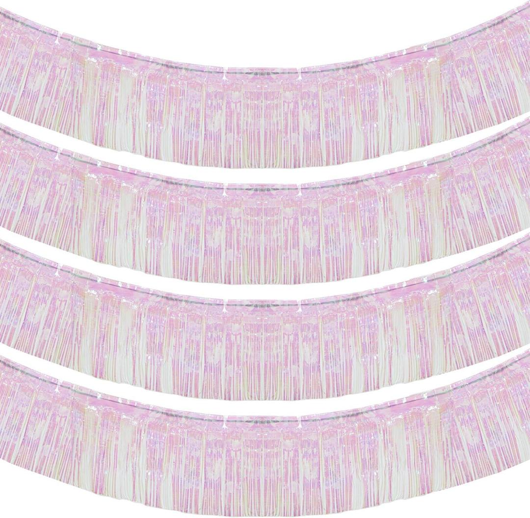 10 Feet by 15 Inch Iridescent White Foil Fringe Garland - Pack of 4 | Metallic Tinsel Banner | Ideal for Parade Floats, Bridal Shower, Wedding, Birthday, Christmas | Wall Hanging Drapes (4)