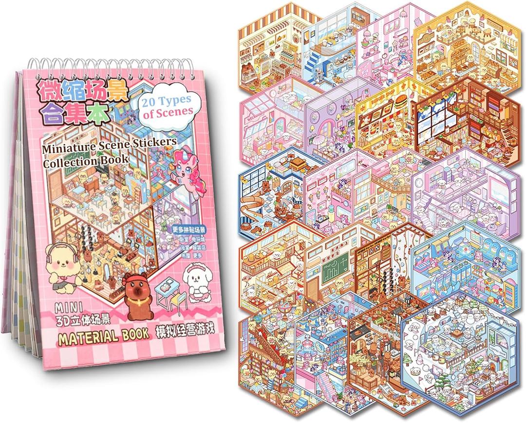 Scene Sticker Book for Kids, 20 Sets of 3D Sticker Scenes for Adults Fun Mini Cute Kawaii Stickers Therapy 3D Scenes Stickers Set Relief Stress Pass The Time, Holiday & Christmas Fun