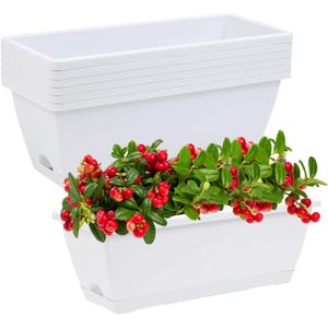 Window Box Planter, 7 Pack Plastic Vegetable Flower Planters Boxes 17 Inches Rectangular Flower Pots with Saucers for Indoor Outdoor Garden, Patio, Home Decor (White)
