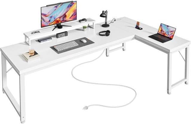 PRAISUN 53" L Shaped Computer Desk, Power Outlets, Monitor Stand, White