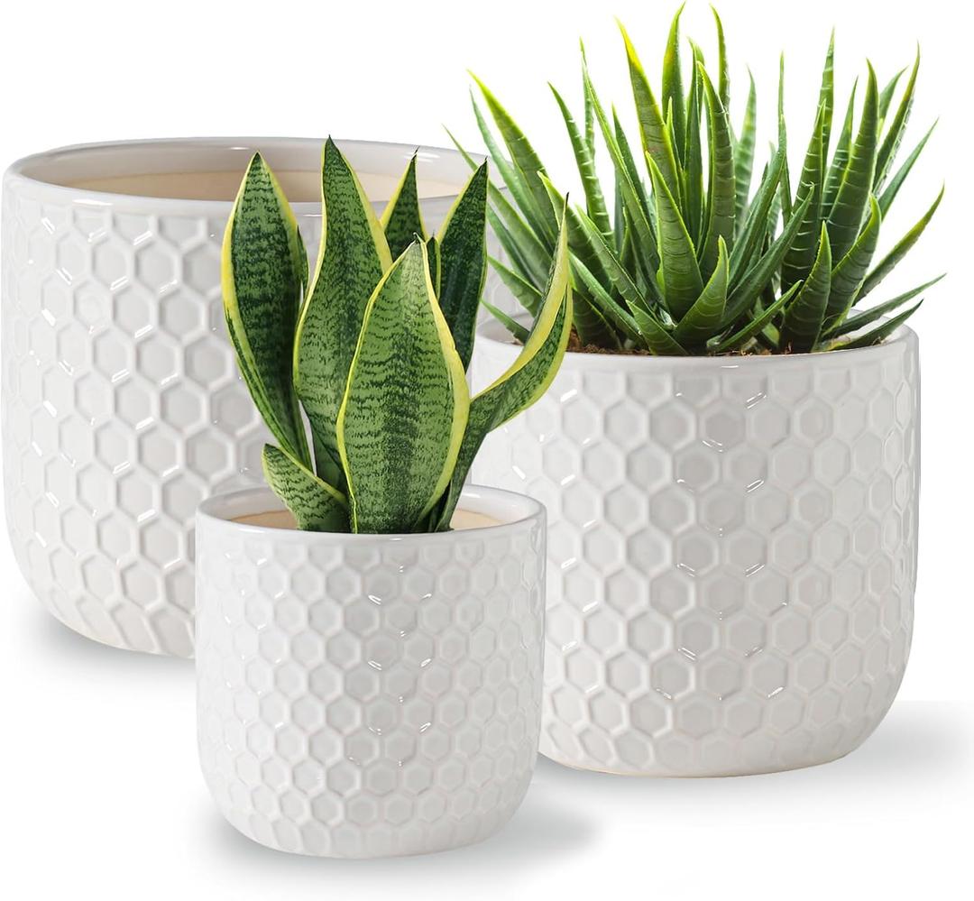 Docrin Plant Pots Indoor with Drainage: 6.4+5.3+4 Inch Ceramic Flower Pots for Plants - Set of 2 Modern Decorative Planters for House/Office/Gift - White Honeycomb