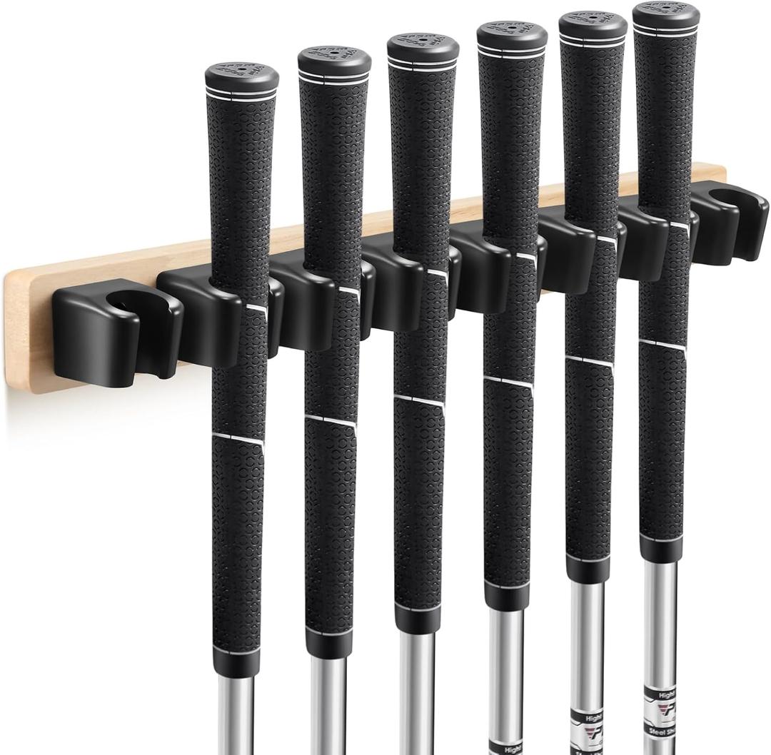 Blueweenly Wooden Golf Club Holder Wall Mount 8 Clips Golf Club Rack Hanger Organizer for Wall Display Garage Putters with Screws, Grip up Type (Wood Color)