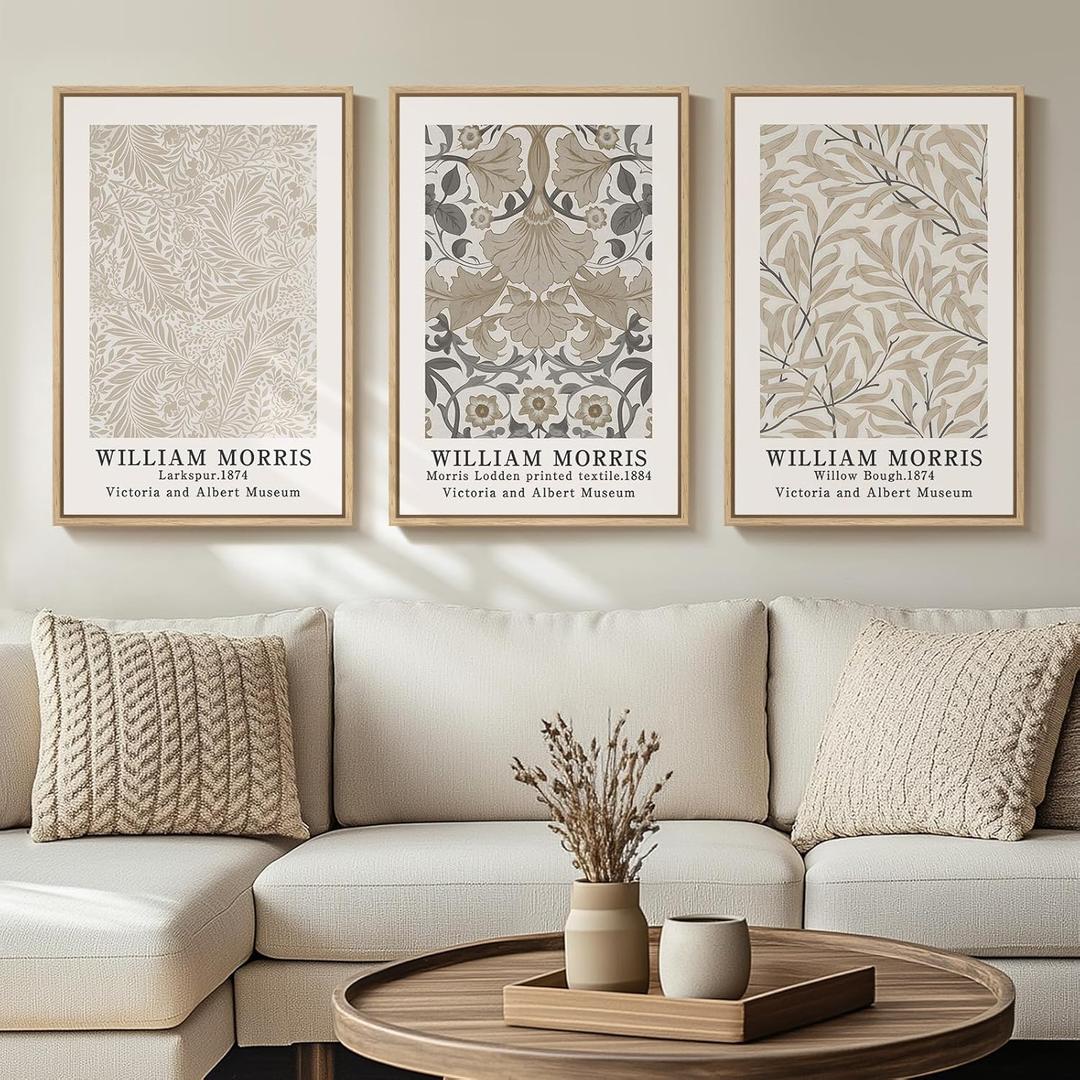 Framed Large William Morris Canvas Wall Art Set of 3, Vintage Neutral Botanical Floral Prints, Nature Artwork for Living Room, Bedroom, Hallway or Office Decor, 16x24 Inch