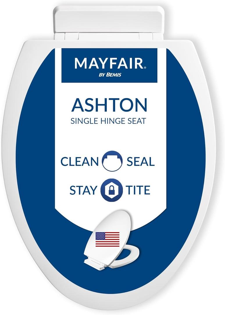 Mayfair Ashton Easy to Clean Single Hinge Toilet Seat, Modern Slow Close Wood Toilet Seat, Made in USA, Elongated, White