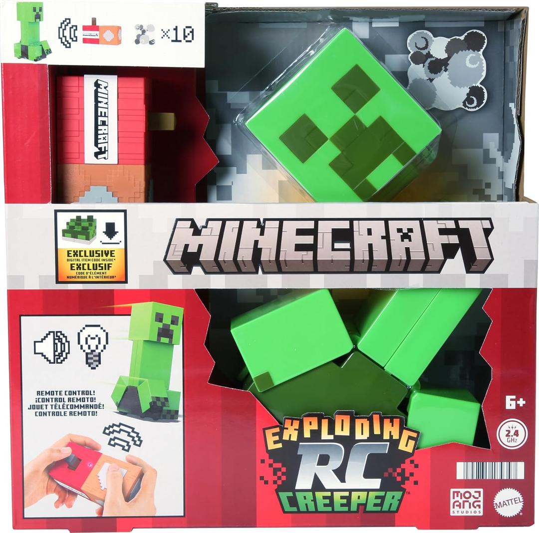 Mattel Minecraft Exploding RC Creeper with Lights & Sounds, 10 Explosion Particles, Game-Authentic Movement & DLC Code, 10cm/3.94"