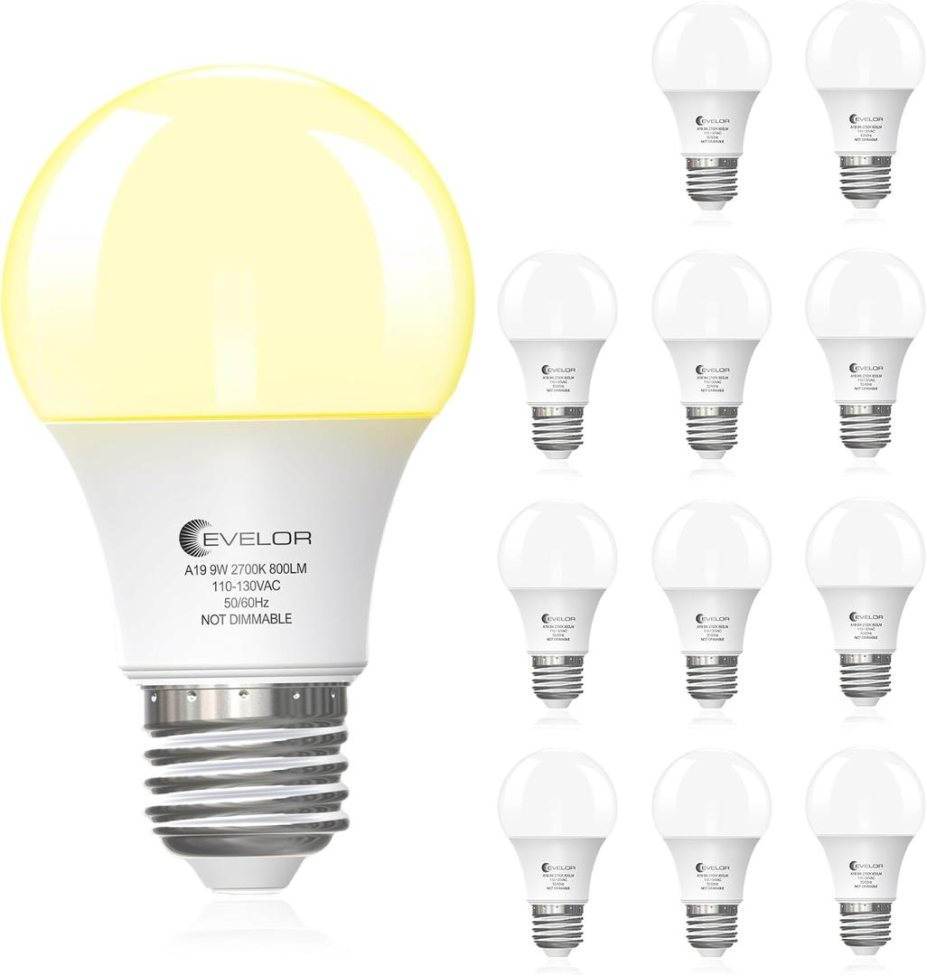 evelor A19 LED Light Bulbs, 60 Watt Equivalent, Soft White 2700K with E26 Base, Efficient 9W, 800 Lumens, Non-Dimmable, Warm White, 15000 Hours, Ideal for Bedroom Living Room, 12-Packs