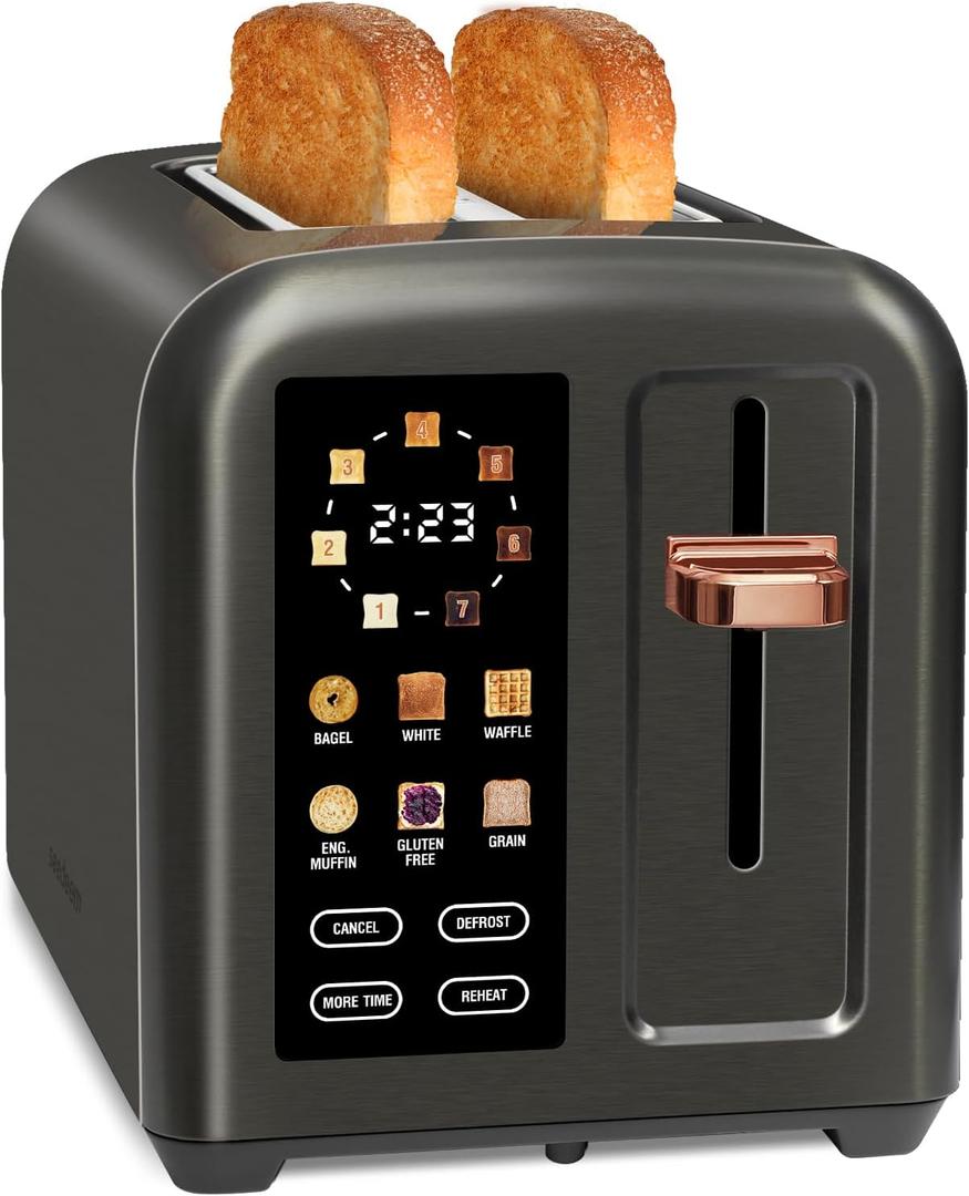 SEEDEEM Toaster 2 Slice, Touch Control Stainless Toaster LCD Display, 50% Faster Heating Speed, 1.4'' Wide Slots, More Timer Functions, Removable Crumb Tray, 1350W, Dark Metallic
