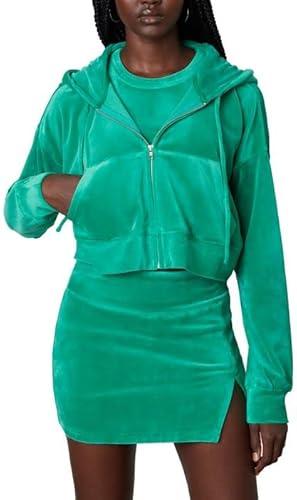 NIA Women's Cropped Velour Hoodie, Mint Green, Extra Small