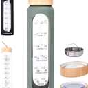 HYDRATE Glass Water Bottles 32 oz - 2 Bamboo Lids & Fruit Infuser - Insulated Silicone Sleeve - Strong Borosilicate Glass - Refillable Time Schedule Glass Sports Bottle - 11" Hx3 Lx3 W - Green