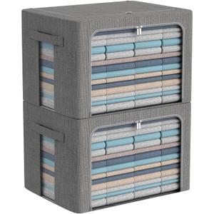 Extra Large Clothes Storage Bins - Linen Fabric Foldable Stackable Container Organizer Set with Clear Window & Carry Handles & Metal Frame (Dark Gray, Extra Large-100L)