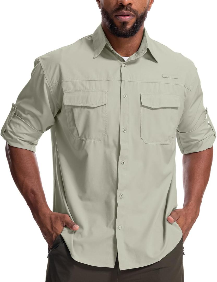 Mens Safari Sun Shirts UPF 50+ UV Sun Protection Long Sleeve Outdoor Quick Dry Fishing Hiking Gardening Shirts (3X-Large, Light Khaki)