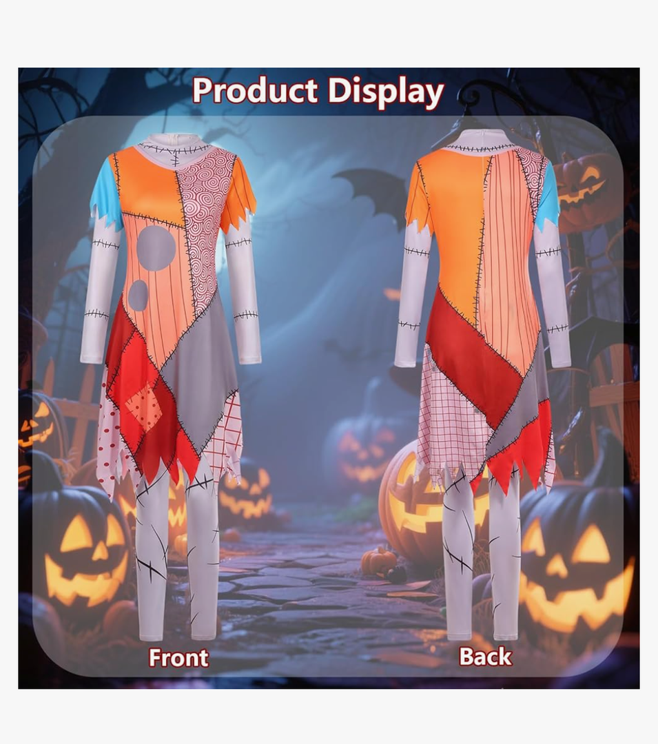 Women Christmas Nightmare Costume Adult Halloween Costumes Long Sleeve Dress with Patch Movie Character Cosplay Outfit, S