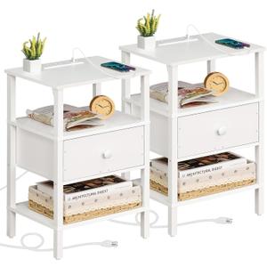 Lerliuo Nightstand Set of 2 with Charging Station and USB Ports, 3-Tier Storage End Table with Drawer Shelf, Night Stand for Small Spaces, Wood Bedside Table for Living Room, Bedroom - Elegant White