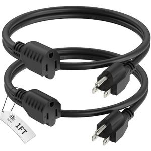 PLUGTUL 1 Foot Extension Cord Black, 2-Pack Short Power Cord, Indoor/Outdoor 16 Gauge 3 Prong Grounded Wire ETL Listed, 13A 1625W 125V SJTW