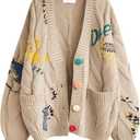 Women's Cable Knit Long Sleeve Open Front Cardigan Sheep V-Neck Button Down Embroidery Wool Blend Sweater Coat Outwear (Medium, Khaki)