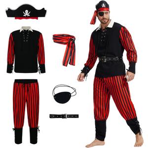 6Pcs Mens Pirate Costume Adult Set, Pirate Outfit Men with Shirt Pants Hat for Halloween Cosplay Party (Small, Black)