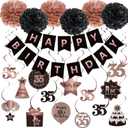 BRT Bearingshui Happy 35th Birthday Hanging Swirls Streamers Decoration, Happy Birthday Banner with Tissue Pompoms, Rose Gold and Black 35 Years Old Birthday Party Hanging Backdrop Decorations