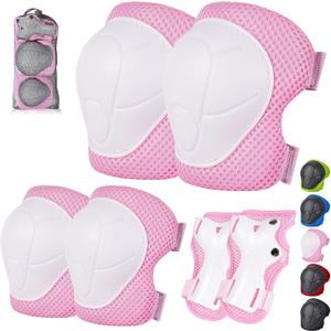 Kids/Youth Knee Pads and Elbow Pads Set with Wrist Guard 3 in 1 Kids Protective Gear Set for 3-14 Years for Skateboarding, Skiing, Cycling, BMX Biking, Running, Scooter (Pink, M（7-14Years))