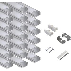 20-Pack 6.6ft/ 2Meter U Shape LED Aluminum Channel System with Milky Cover, End Caps and Mounting Clips, Aluminum Profile for LED Strip Light Installations, Very Easy Installation