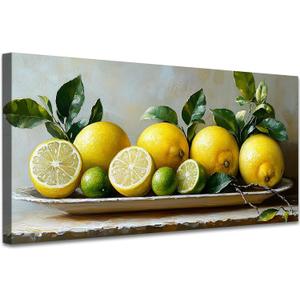 ANRUOXI Lemon Wall Art, Lemon Art Pictures for Kitchen, Fruit Painting Artwork for Dining Room Living Room, Farmhouse Citrus Canvas Painting Rustic Framed Ready To Hang 12x24''