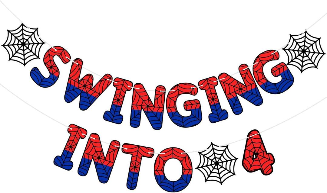 TaoBary Spider Theme 4th Birthday Banner, Pre-strung Swinging into 4 Banner, Spider 4th Birthday Decorations Party Supplies for Kids, Fourth Decor for 4 Year Old Boys Girls (Red and Blue)