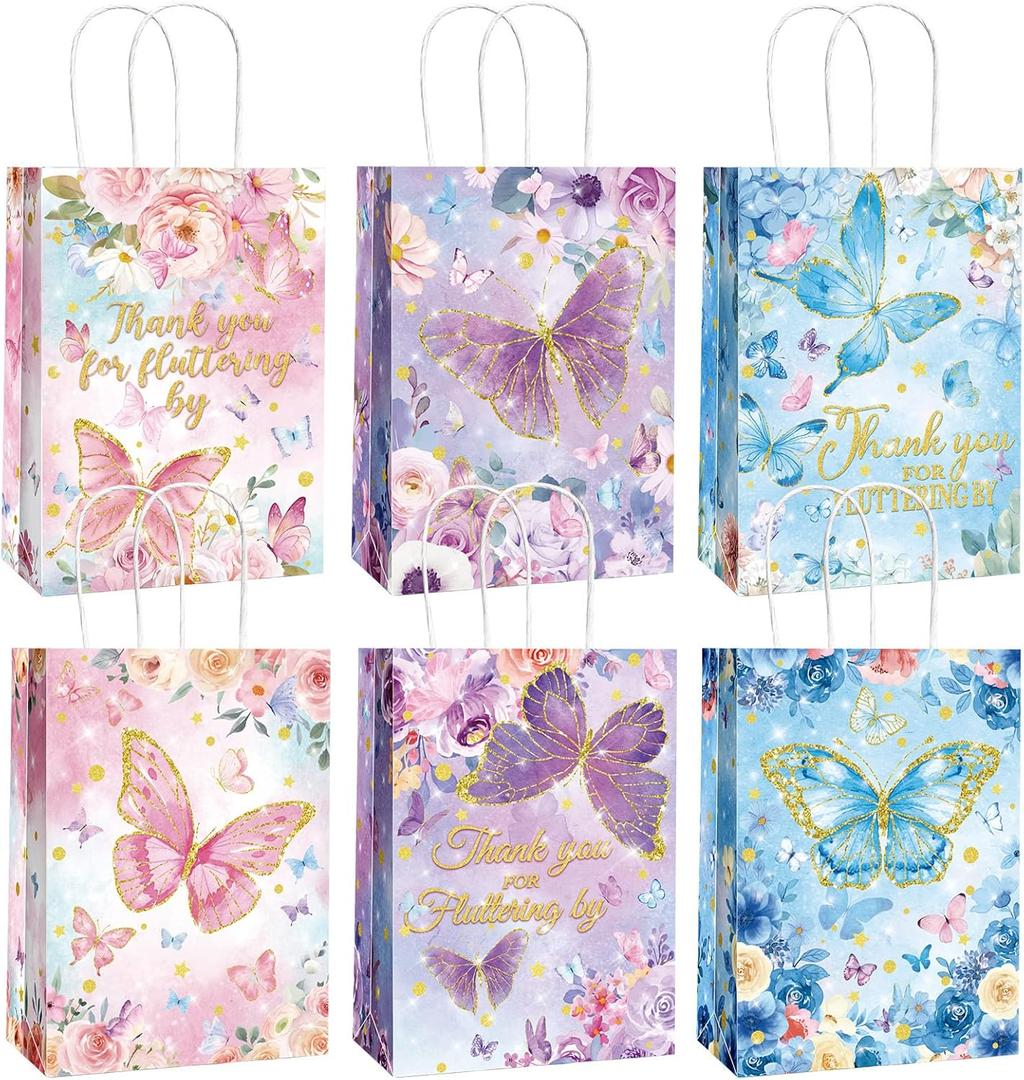 Outus 24 Pcs Butterfly Party Gift Bags Pink Purple Blue - Fluttering by Gift Bags with Handle for Butterflies Birthday Party Baby Shower Decoration