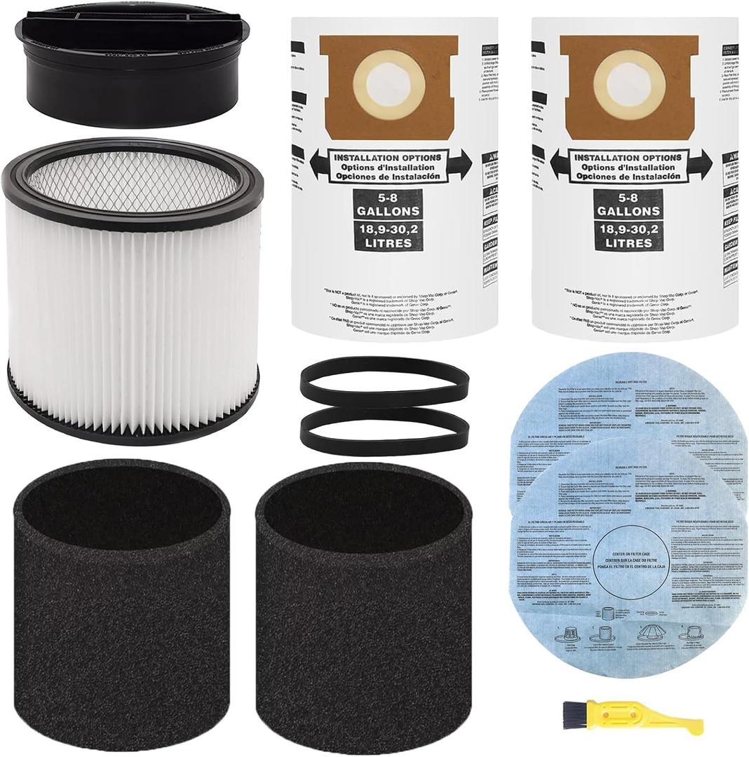 Replacement Filter for Shop Vac Filters 90304 90585, 90107, 90350, 90333 Wet Dry Vac Filter, Fits Most Wet/Dry Vacuum Cleaners 5 Gallon and Above Replacement Bag for Shop Vac Bags 5-8 Gallon Type E
